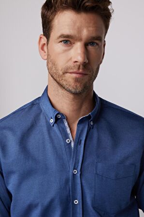 Klasik Fit Pamuklu Kolay Ütü Oxford Düz İndigo Erkek Gömlek