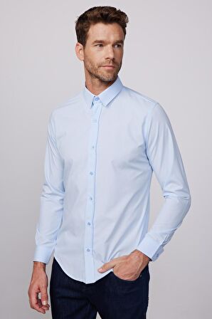 Slim Fit Pamuklu Kolay Ütü Mavi Erkek Gömlek