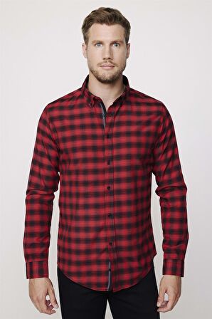 Slim Fit Kareli Pamuklu Kolay Ütü Erkek Gömlek