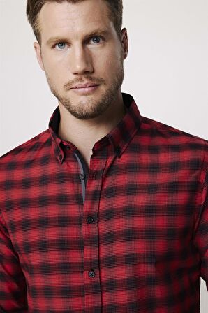 Slim Fit Kareli Pamuklu Kolay Ütü Erkek Gömlek