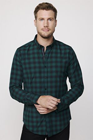 Slim Fit Kareli Pamuklu Kolay Ütü Yeşil Erkek Gömlek