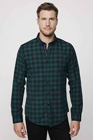 Slim Fit Kareli Pamuklu Kolay Ütü Yeşil Erkek Gömlek
