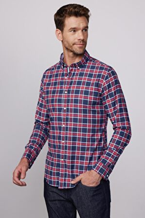 Slim Fit Kareli Pamuklu Kolay Ütü Erkek Gömlek