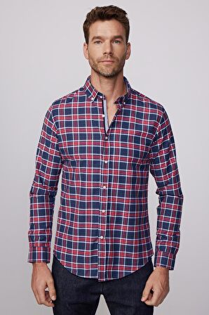 Slim Fit Kareli Pamuklu Kolay Ütü Erkek Gömlek