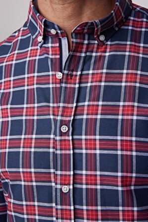 Slim Fit Kareli Pamuklu Kolay Ütü Erkek Gömlek