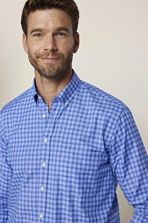 Klasik Fit Düğmeli Yaka Küçük Kareli Pamuklu Erkek Mavi Gömlek