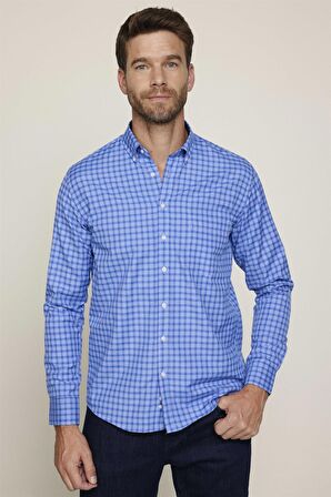 Klasik Fit Düğmeli Yaka Küçük Kareli Pamuklu Erkek Mavi Gömlek