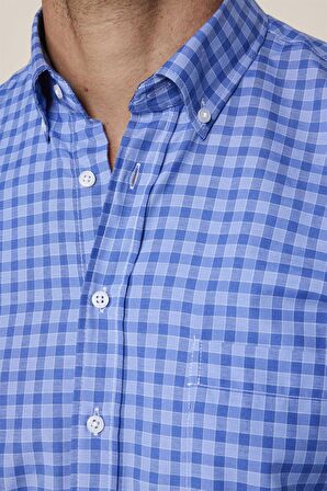 Klasik Fit Düğmeli Yaka Küçük Kareli Pamuklu Erkek Mavi Gömlek