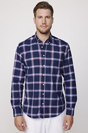 Klasik Fit Düğmeli Yaka Küçük Kareli Pamuklu Erkek Gömlek