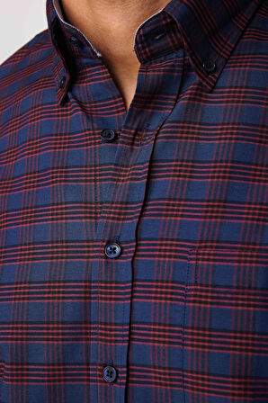 Erkek Regular Fit Klasik Kesim Düğmeli Yaka Küçük Kareli Pamuklu Gömlek