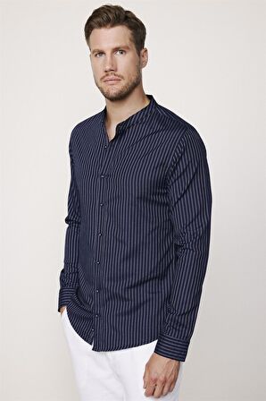 Slim Fit Hakim Yaka Pamuklu Kolay Ütü Çizgili Lacivert Erkek Gömlek