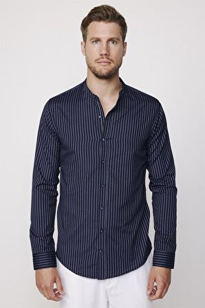 Slim Fit Hakim Yaka Pamuklu Kolay Ütü Çizgili Lacivert Erkek Gömlek
