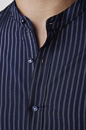 Slim Fit Hakim Yaka Pamuklu Kolay Ütü Çizgili Lacivert Erkek Gömlek