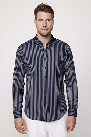 Slim Fit Pamuklu Kolay Ütü Çizgili Lacivert Erkek Gömlek