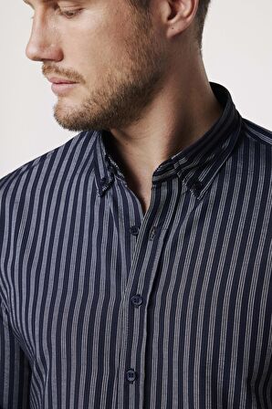 Slim Fit Pamuklu Kolay Ütü Çizgili Lacivert Erkek Gömlek