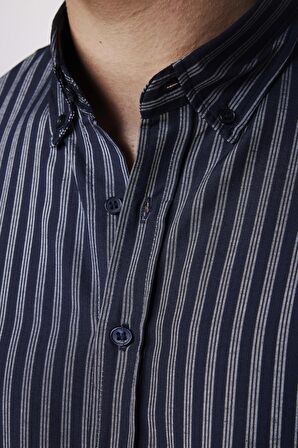 Slim Fit Pamuklu Kolay Ütü Çizgili Lacivert Erkek Gömlek