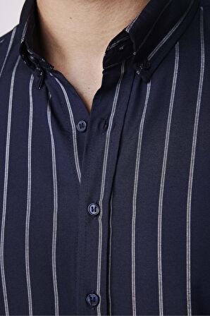 Slim Fit Pamuklu Kolay Ütü Çizgili Lacivert Erkek Gömlek