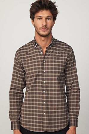 Erkek Regular Fit Klasik Kesim Düğmeli Yaka Küçük Kareli Pamuklu Gömlek