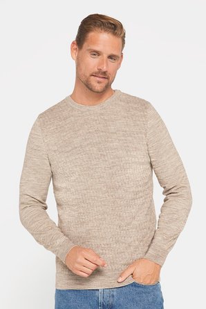 Slim Fit Bisiklet Yaka Kendinden Desenli Bej Erkek Triko Kazak