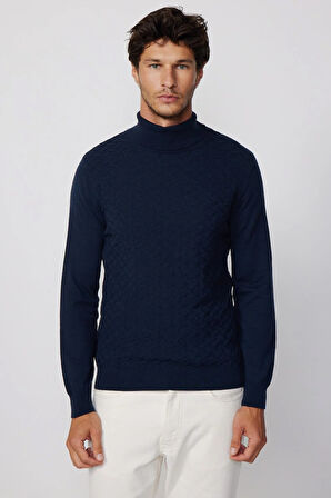 Erkek Tam Balıkçı Yaka Önü Desenli Lacivert Triko Kazak