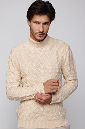 Slim Fit Dar Kesim Tam Balıkçı Yaka Desenli Bej Erkek Triko Kazak