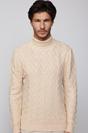 Slim Fit Dar Kesim Tam Balıkçı Yaka Desenli Bej Erkek Triko Kazak