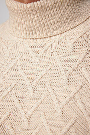 Slim Fit Dar Kesim Tam Balıkçı Yaka Desenli Bej Erkek Triko Kazak