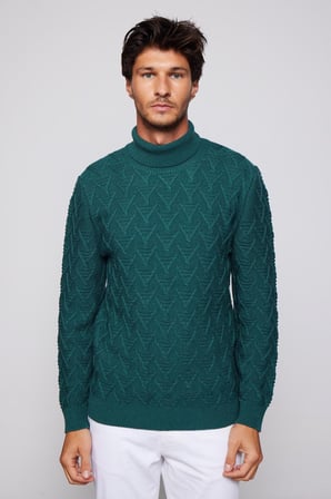 Slim Fit Dar Kesim Tam Balıkçı Yaka Desenli Erkek Triko Kazak