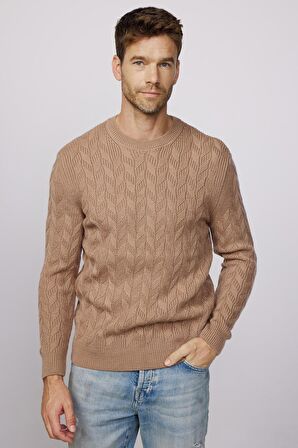 Slim Fit Bisiklet Yaka Desenli Krem Erkek Kazak 