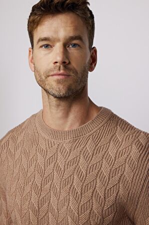 Slim Fit Bisiklet Yaka Desenli Krem Erkek Kazak 