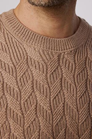 Slim Fit Bisiklet Yaka Desenli Krem Erkek Kazak 