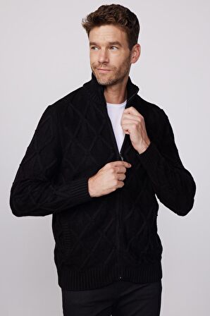 Slim Fit Desenli Dik Yaka  Fermuarlı Siyah Erkek Hırka