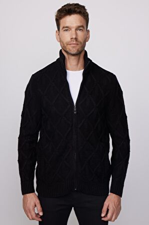 Slim Fit Desenli Dik Yaka  Fermuarlı Siyah Erkek Hırka