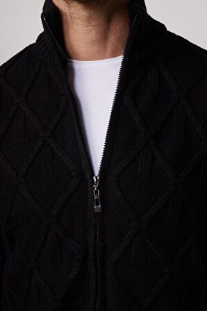 Slim Fit Desenli Dik Yaka  Fermuarlı Siyah Erkek Hırka