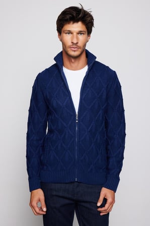 Erkek Slim Fit Desenli Dik Yaka Fermuarlı Sax Mavi Hırka