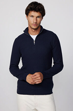 Erkek Slim Fit Dar Kesim Dik Yaka Fermuarlı Desenli Lacivert Triko Kazak