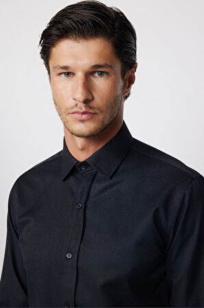 Modern Slim Fit Uzun Kollu Pamuklu Kolay Ütü Armürlü Siyah Erkek Gömlek