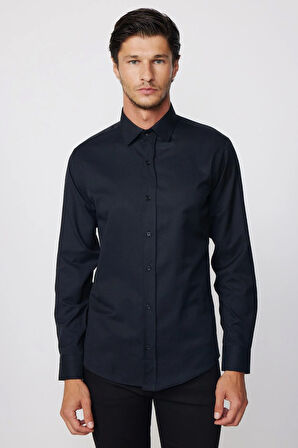 Modern Slim Fit Uzun Kollu Pamuklu Kolay Ütü Armürlü Siyah Erkek Gömlek