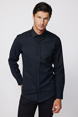 Modern Slim Fit Uzun Kollu Pamuklu Kolay Ütü Armürlü Siyah Erkek Gömlek