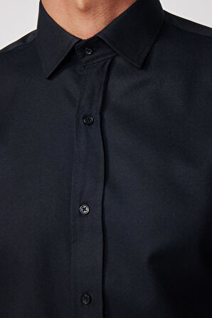 Modern Slim Fit Uzun Kollu Pamuklu Kolay Ütü Armürlü Siyah Erkek Gömlek