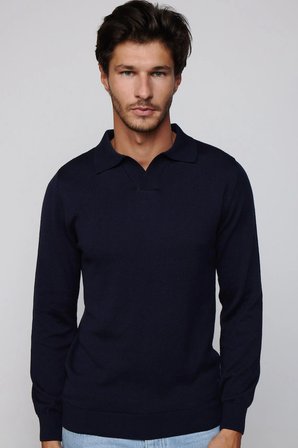 Erkek Standart Fit Normal Kesim Polo V Yaka Lacivert Triko Kazak