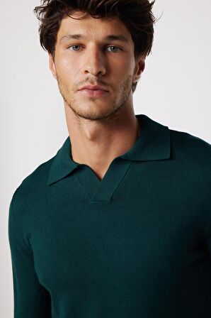 Slim Fit Dar Kesim Polo V Yaka Yeşil Erkek Kazak