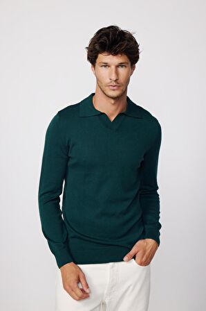 Slim Fit Dar Kesim Polo V Yaka Yeşil Erkek Kazak