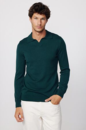 Slim Fit Dar Kesim Polo V Yaka Yeşil Erkek Kazak
