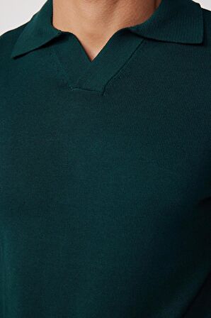 Slim Fit Dar Kesim Polo V Yaka Yeşil Erkek Kazak