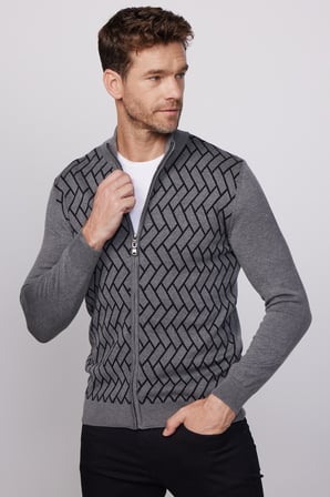 Erkek Slim Fit Dar Kesim Yarım Balıkçı Yaka Fermuarlı Önü Desenli Gri-Siyah Hırka