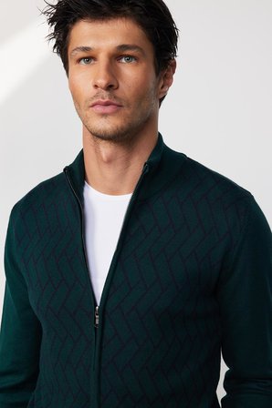 Slim Fit Dar Kesim Yarım Balıkçı Yaka Fermuarlı Önü Desenli Yeşil Erkek Hırka