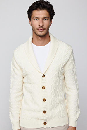 Slim Fit Dar Kesim Desenli Yumuşak Dokulu Düğmeli Ekru Erkek Hırka