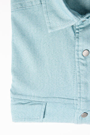 Büyük Beden Uzun Kollu Yıkamalı Çift Cepli Armürlü Denim Kot Mint Erkek Gömlek