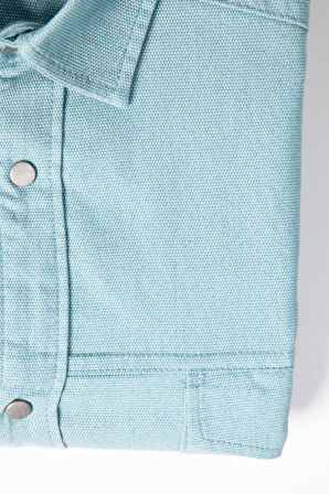 Büyük Beden Uzun Kollu Yıkamalı Çift Cepli Armürlü Denim Kot Mint Erkek Gömlek